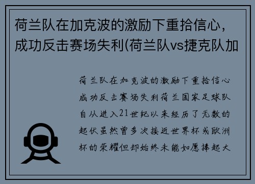 荷兰队在加克波的激励下重拾信心，成功反击赛场失利(荷兰队vs捷克队加时赛)