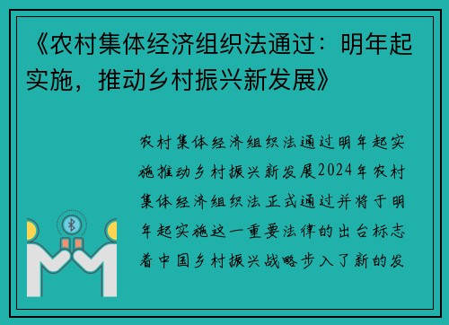 《农村集体经济组织法通过：明年起实施，推动乡村振兴新发展》